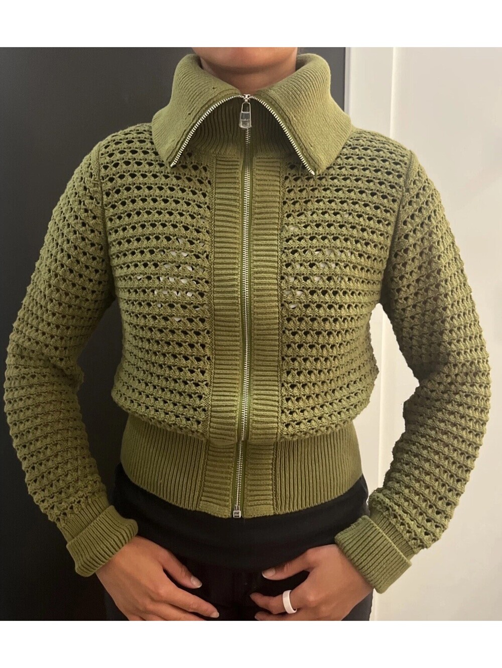 VARLEY Eloise Green Knit Crochet Full Zip Collar Sweater Cardigan XXS